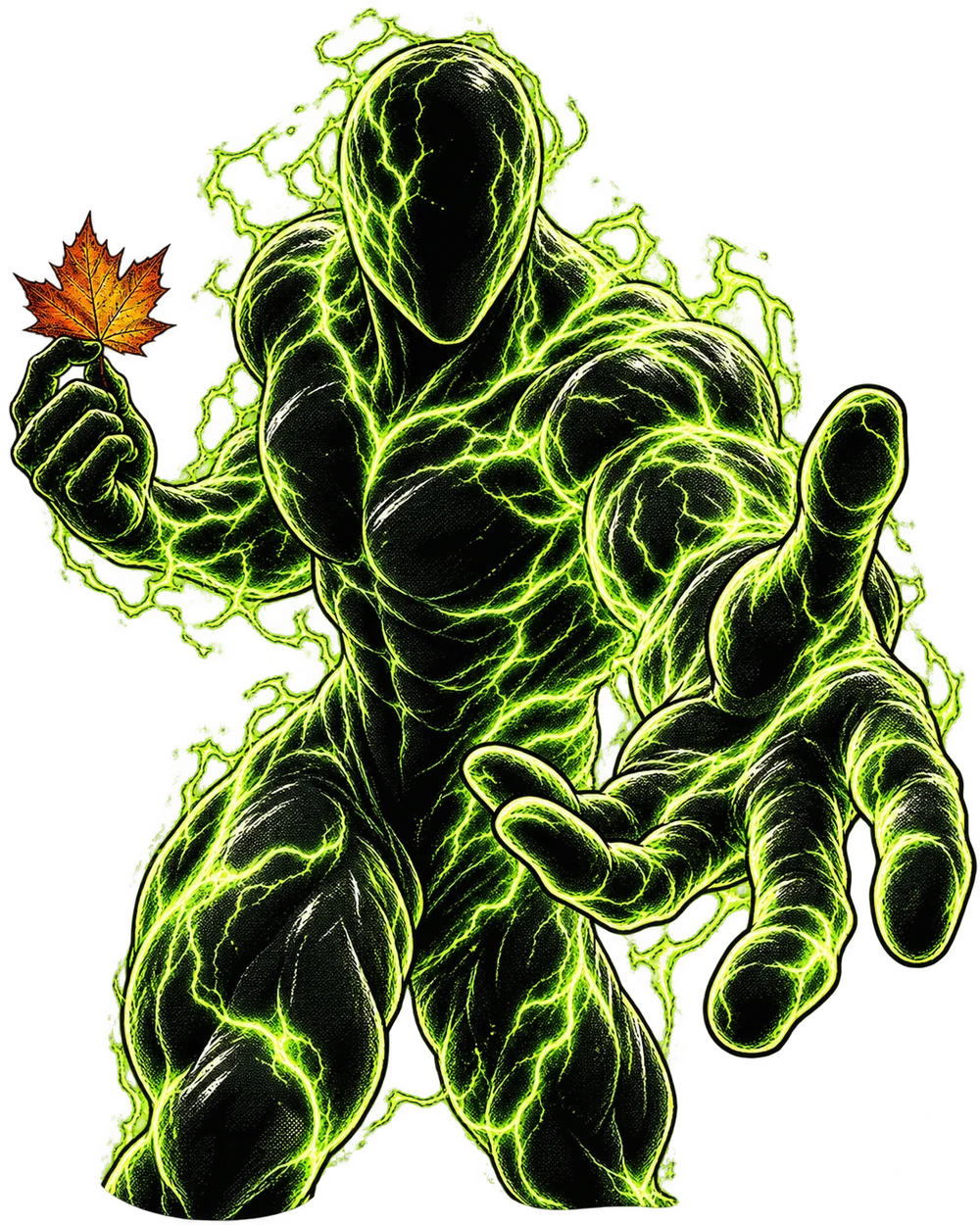 UPTOBER's hand-drawn electric green hero reaches forward, holding an autumn leaf