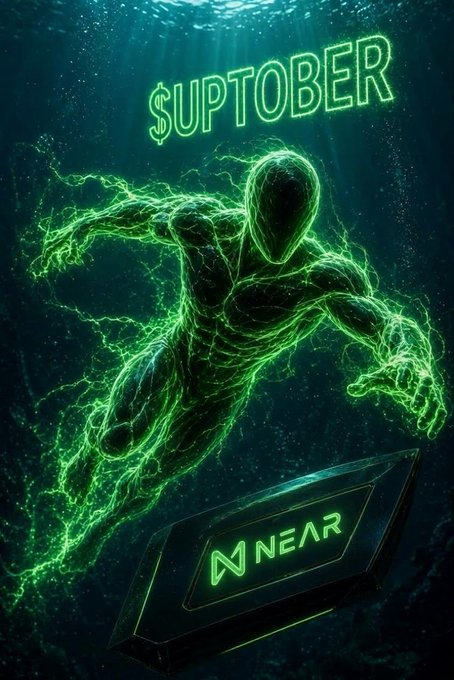 The electric UPTOBER hero diving toward a NEAR emblem